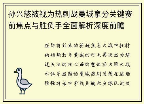 孙兴慜被视为热刺战曼城拿分关键赛前焦点与胜负手全面解析深度前瞻 孙兴慜被视为热刺战曼城拿分关键赛前焦点与胜负手全面解析深度前瞻
